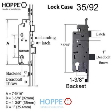 HOPPE 3-POINT MULTIPOINT LOCK, DOOR HEIGHTS 79.57 - 83.50", 1-3/8" BACKSET, SHOOTBOLT VERSION